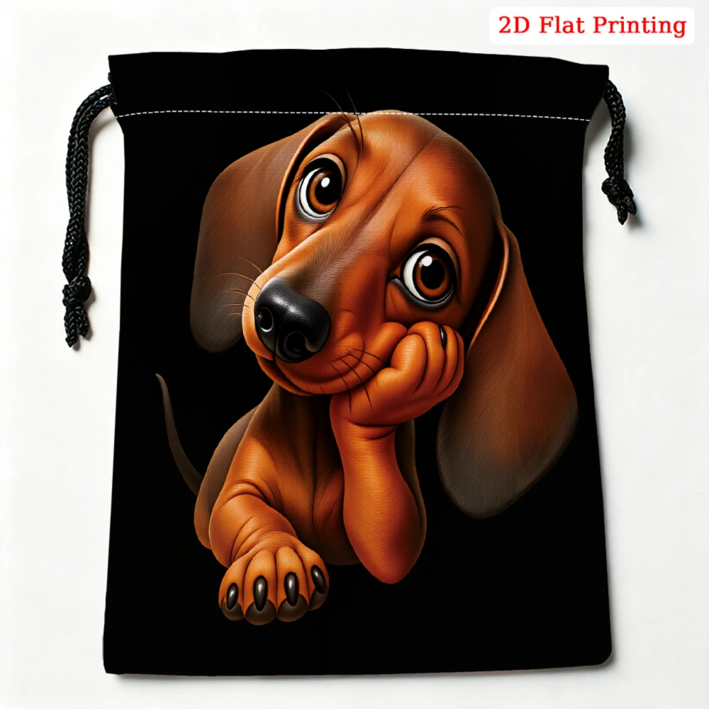 1pc Cartoon Dog Drawstring Bag Black Cute Puppy Print Storage Small Pouch For Travel Cosmetics Jewelry Organizer Portable Gift