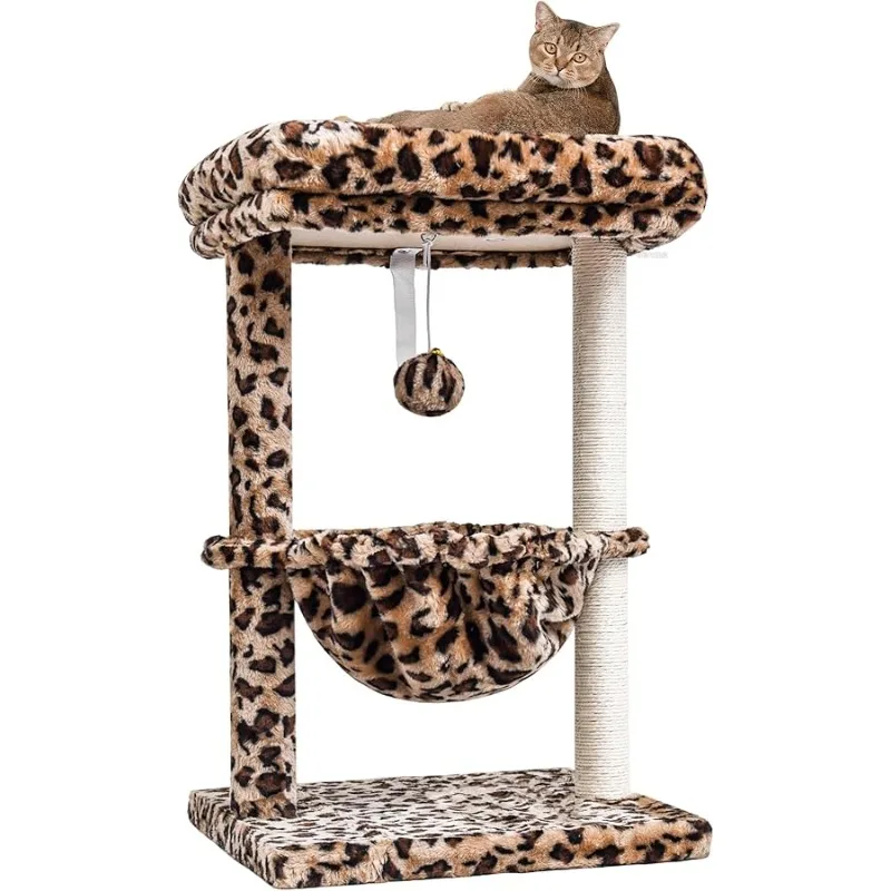 

SYANDLVY Small Cat Tree for Indoor Cats, Unique Leopard Print Cat Tree Tower for Kitties, Condo Furniture with Hammock & Sisal S