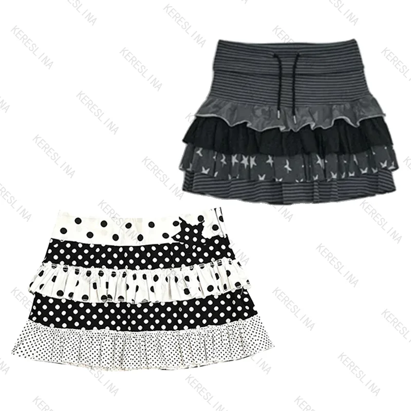 

Мини-юбка в стиле Y2K с принтом в горошек и полоску, летняя, в европейском и американском уличном стиле, эмо-стиль.