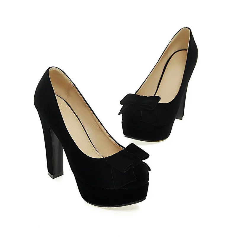 Velour Velvet Red Black Wedding Bride Lady Shallow Shoes Platform Block High Heel Pumps Woman Slip-on Stiletto Heels with Bowtie