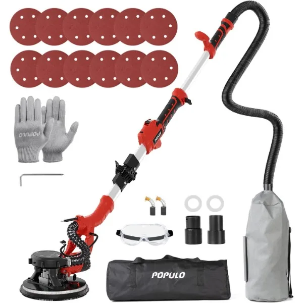 POPULO Drywall Sander, 810W 7A Electric Drywall Sander with Vacuum Attachment, 6 Variable Speed 1800RPM Power Ceiling