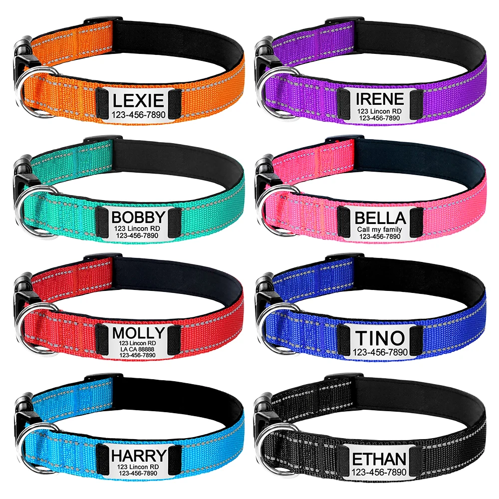 Personalized Reflective Custom Engraved Dog Collars Name ID Tag Luminous Puppy Gleamy Large Unisex Dog Collar