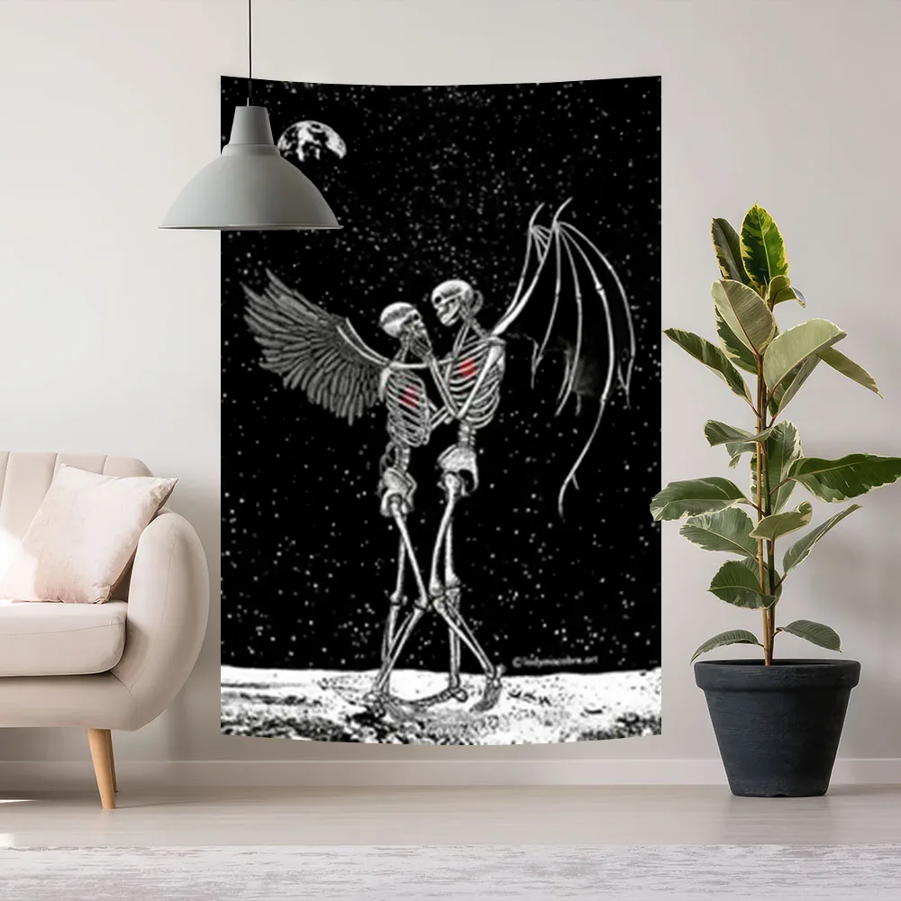 

Skull Couple Wedding Tapestry Psychedelic Star Moon forBedroom Aesthetic Alt Wall Hanging Decor