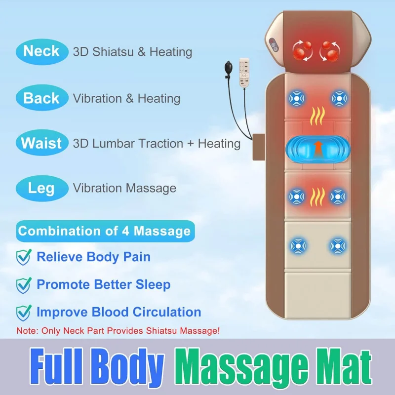 Shiatsu Full Body Massage Mat with Heat, Movable Shiatsu Neck Massager, 3D Lumbar Traction & Relaxation, 6 Vibrating Motors