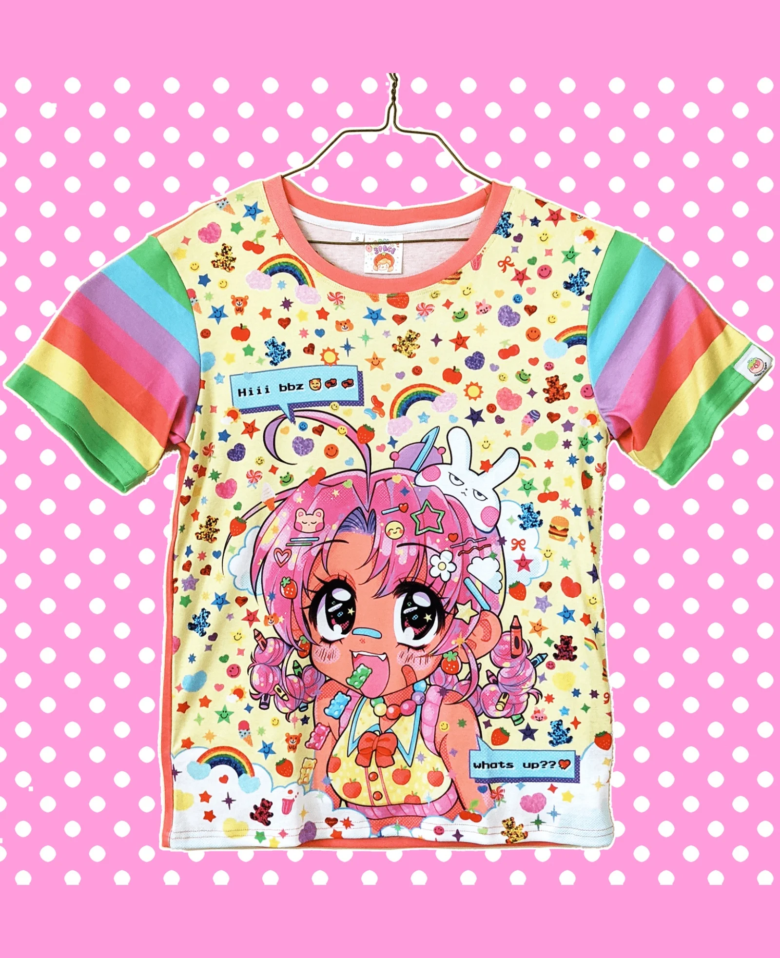 Harajuku Y2K Candy Anime Girl Full Print Rainbow Star Strawberry Cartoon Rabbit Color Stripe T-shirt for Adults and Children
