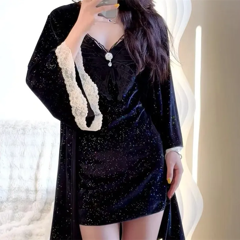 Temptation Lace Nightgown Sexy Female Nighty&robe Set Loungewear Intimate Lingerie Velour Bathrobe Sleepwear Autumn Homewear