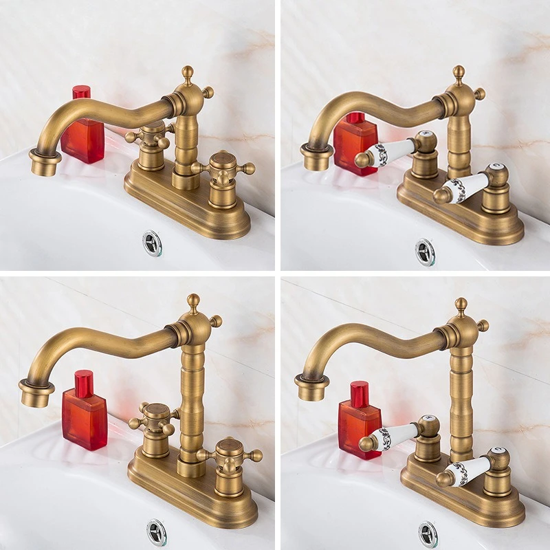 

Cross-border antique brass double handle double hole basin hot and cold faucet bathroom cabinet washbasin two hole faucet