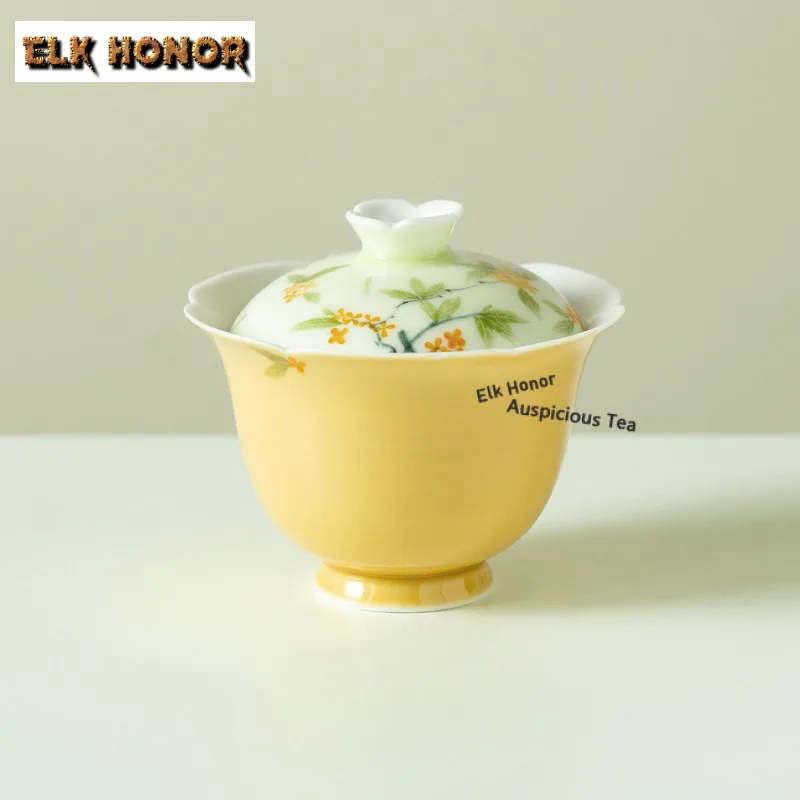 100ml Hand-painted Osmanthus Flowers Gaiwan Antique Tea Tureen Tea Bowl With Lid Kit Tea Maker Cover Bowl Tea Items Collection
