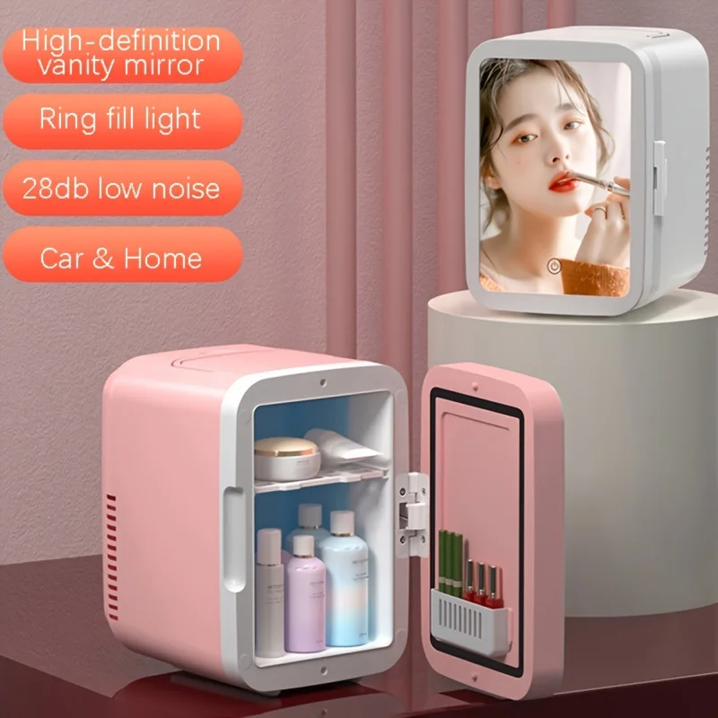 

Unisex adult portable cosmetic display case, dimmable mirror, 4L mini refrigerator for skincare and cosmetic storage, fragrances