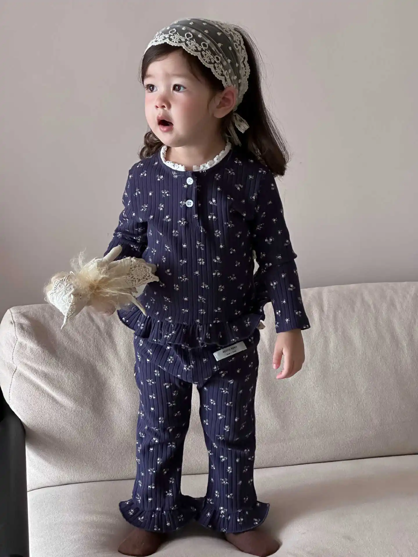 Cute Lace Collar Girls Sweet Floral Tops + Pants 2pcs Suit Toddler Casual Outfits 2025 Autumn New Baby Long Sleeve Clothes Set
