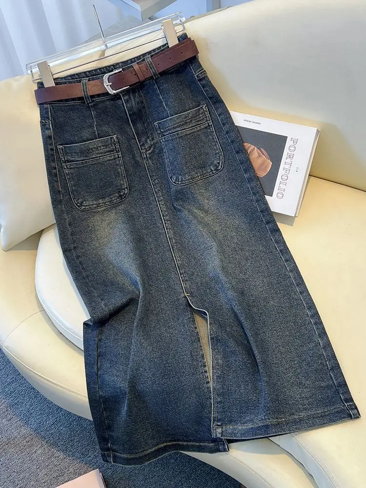 

2024 New Retro Denim Skirt Women's Mid-Length High Waist Slimming Front Slit Bodycon A-Line f Skirt Cotton Polyester Blend