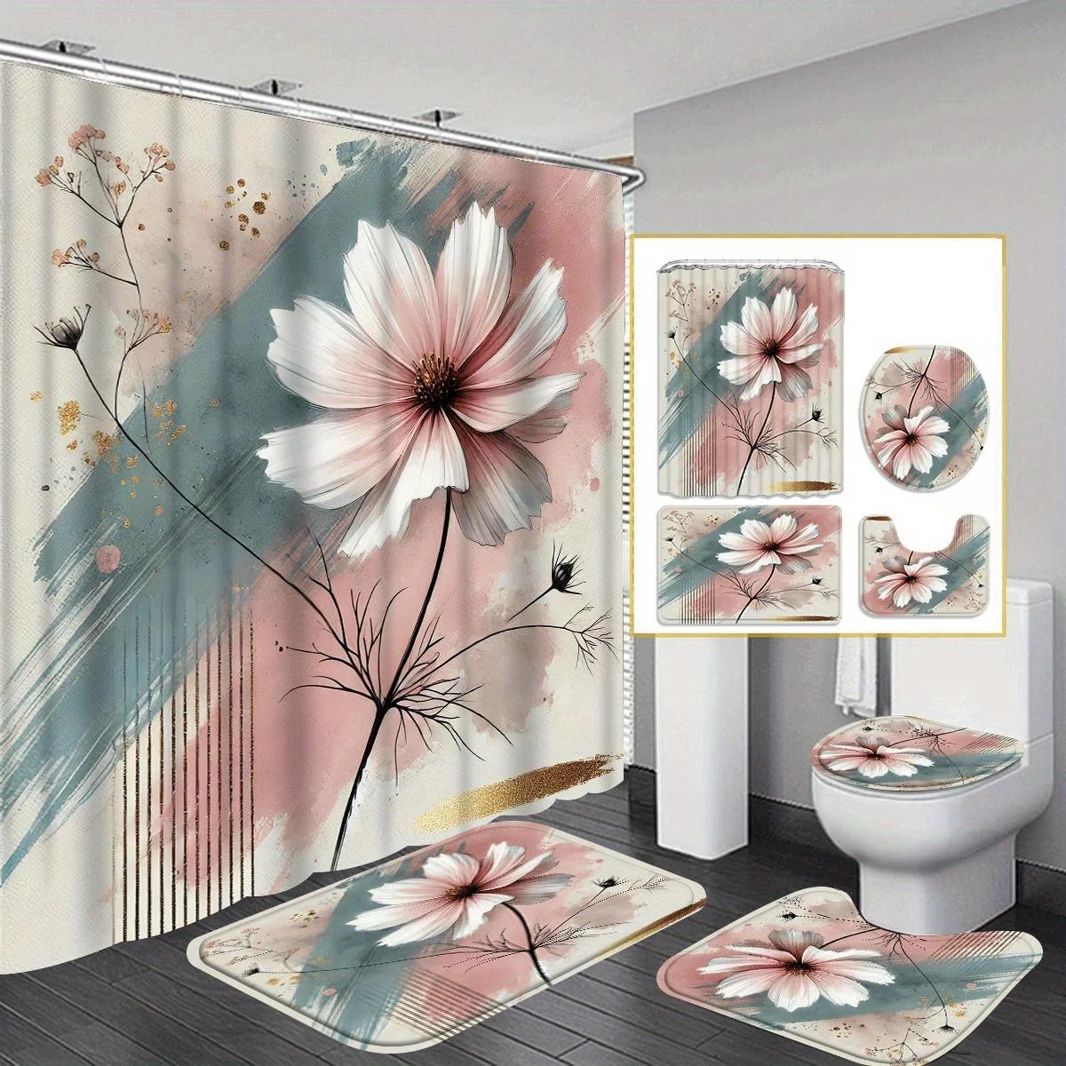 

4 шт. Декор для ванной комнаты с цветочным узором, занавеска для душа, нескользящий напольный коврик, U-образный коврик для унитаза, сиденье для унитаза, полиэфирная ткань