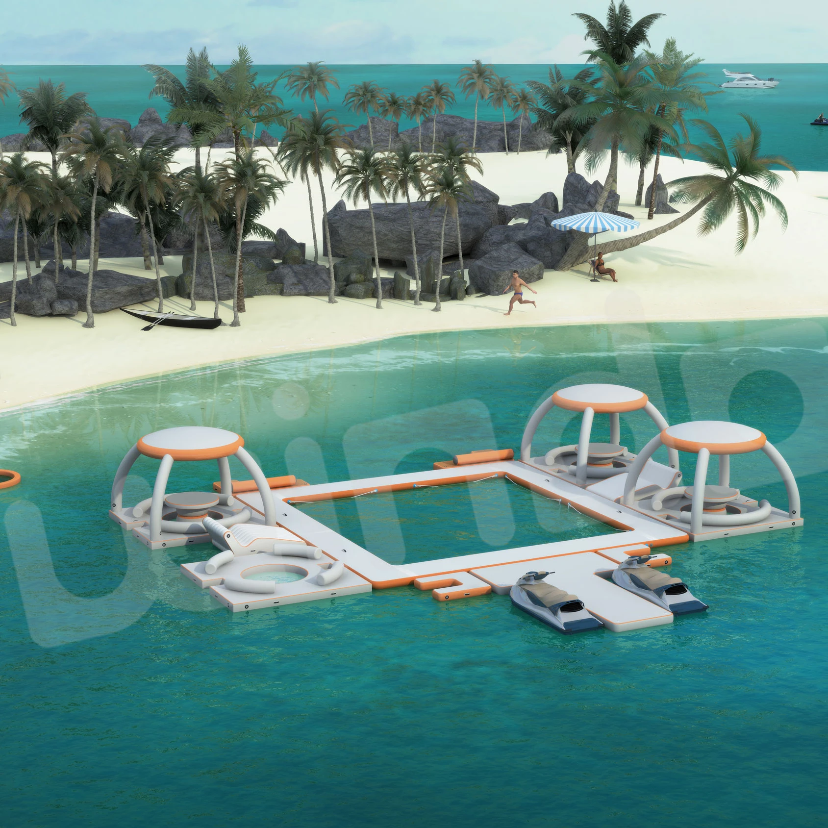 

Inflatable Floating Water Park Drop Stitch Eva Pad Mat E Jet Ski Platform Dock With Tent