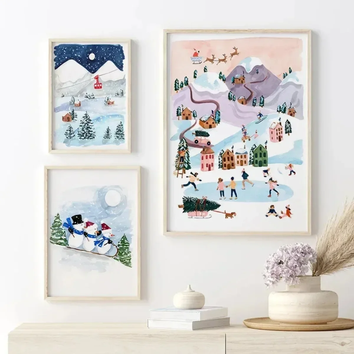 Cartoon Winter Christmas Gift Ski Skate Fireplace Posters Prints Canvas Painting Nordic Wall Art Pictures Living Room Home Decor