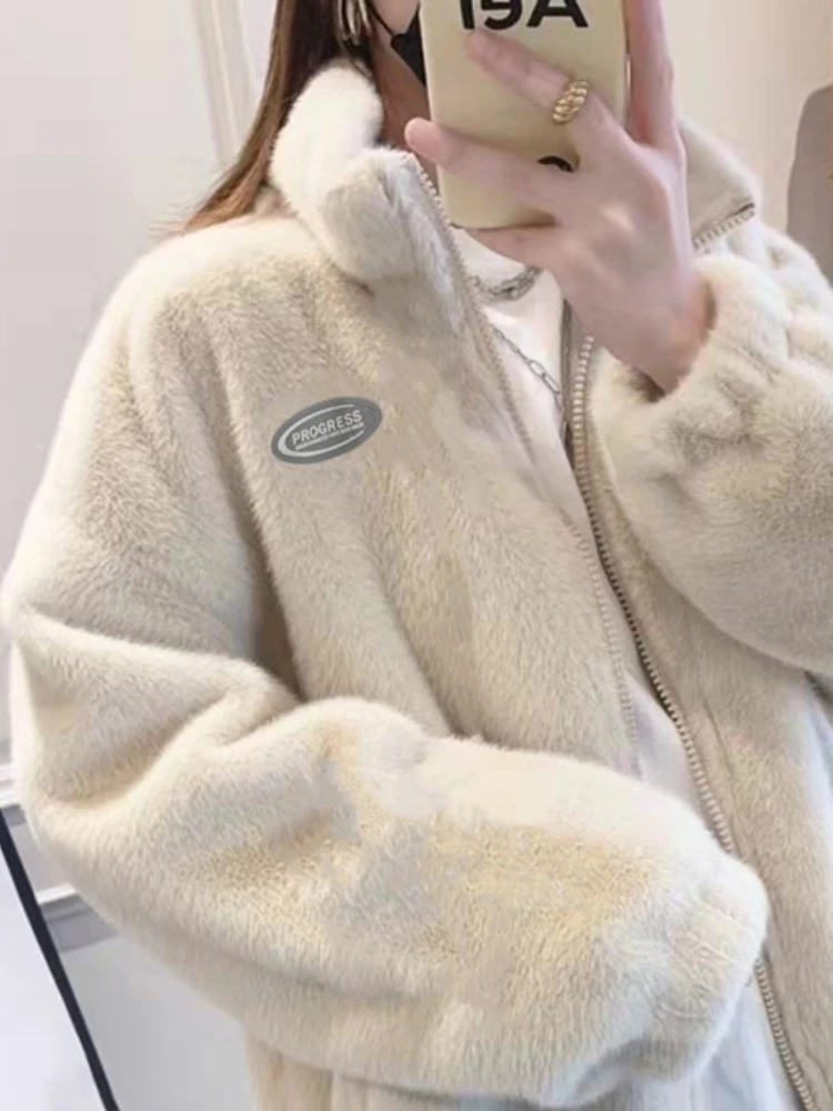 Women\'s Winter Coats Oversized Teddy Bear Sports Coat White Stand-up Collar Jacket Top Warm Thicken Fleece Faux Fur Coats Female