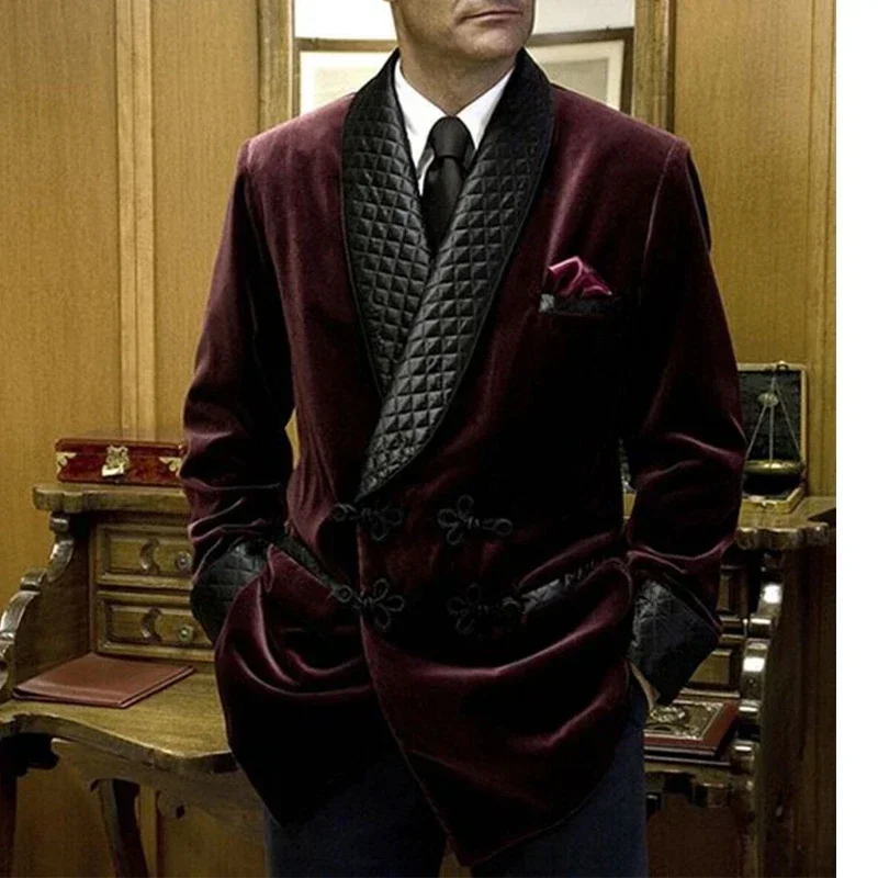 1 Pc Velvet Smoking Jacket Shawl Lapel Loose Men Suit Prom Blazer Retro Dinner Party Male Fashion Coat 2024 Latest Designs