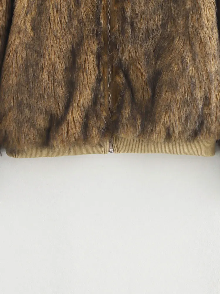 TRAF 2024 Winter Vintage Short Faux Fur Bomber Jackets for Women Fluffy Warm Coats Long Sleeve Casual Outerwears 