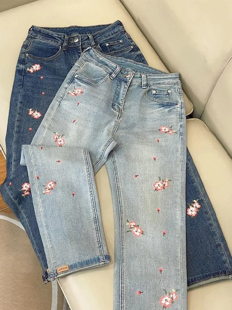 Hohe Taille, hohe Elastizität, Blumendruck, schmale Passform, gerades Bein, vielseitige Neun-Punkt-E-Tube-Hose, Sommer, Neuankömmling