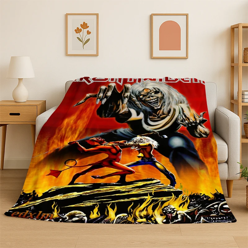 3D I-Iron Maiden Metal Band Flannel Blanket Soft Warm Throw Blanket for Bedroom Living Room Bed Travel Camping Picnic Gift