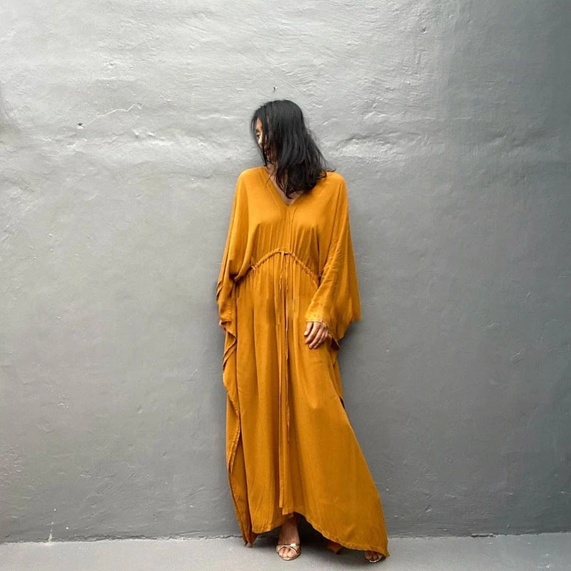 Front Backside Deep V-Neck Kaftan Women Elegant Muse Dresses Red Color Casual Party Caftan Drawstring At Waist Design Robe Chic
