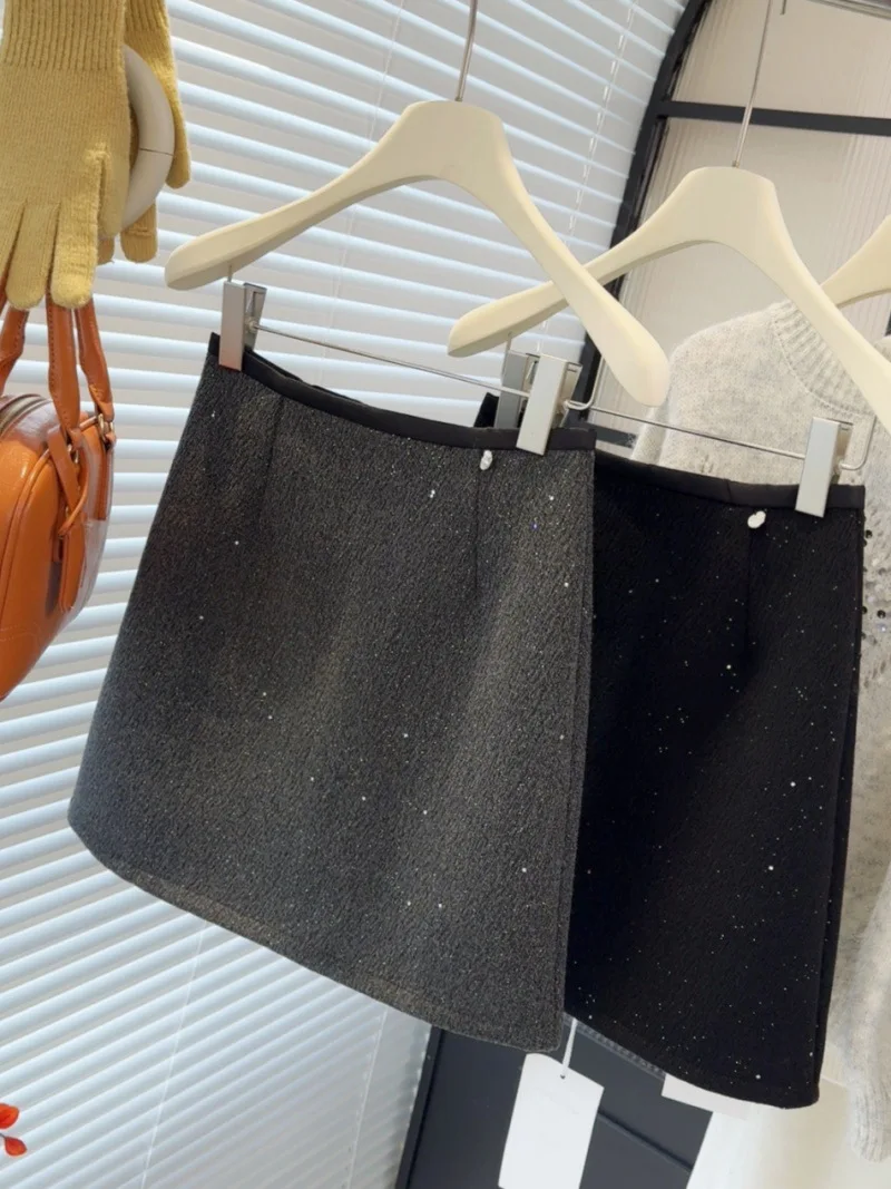 

Парижская юбка из букле-твида с мерцающими пайетками, с завышенной талией, А-силуэта, облегающая, для миниатюрных, элегантная