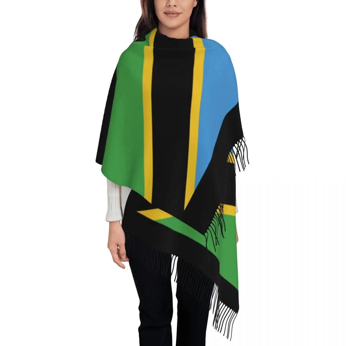 Personalized Printed Tanzania Flag Long Pile Fringe Men Scarf Women\'S Anti Chill Scarf