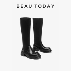 BEAUTODAY Sock Boots Women Calfskin Round Toe Square Heel Knee High Platform Ladies Long Stretch Boots New Trend Handmade 01609