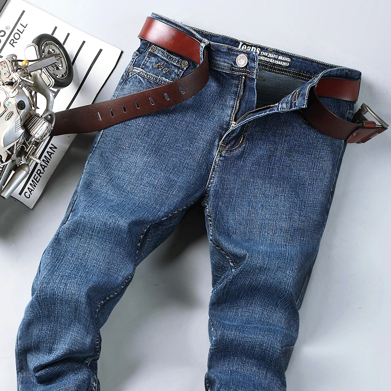 2023 Spring Autumn Office Business Jeans Men Classic Blue Cotton Stretch Straight-leg Denim Pants Male Brand Trousers