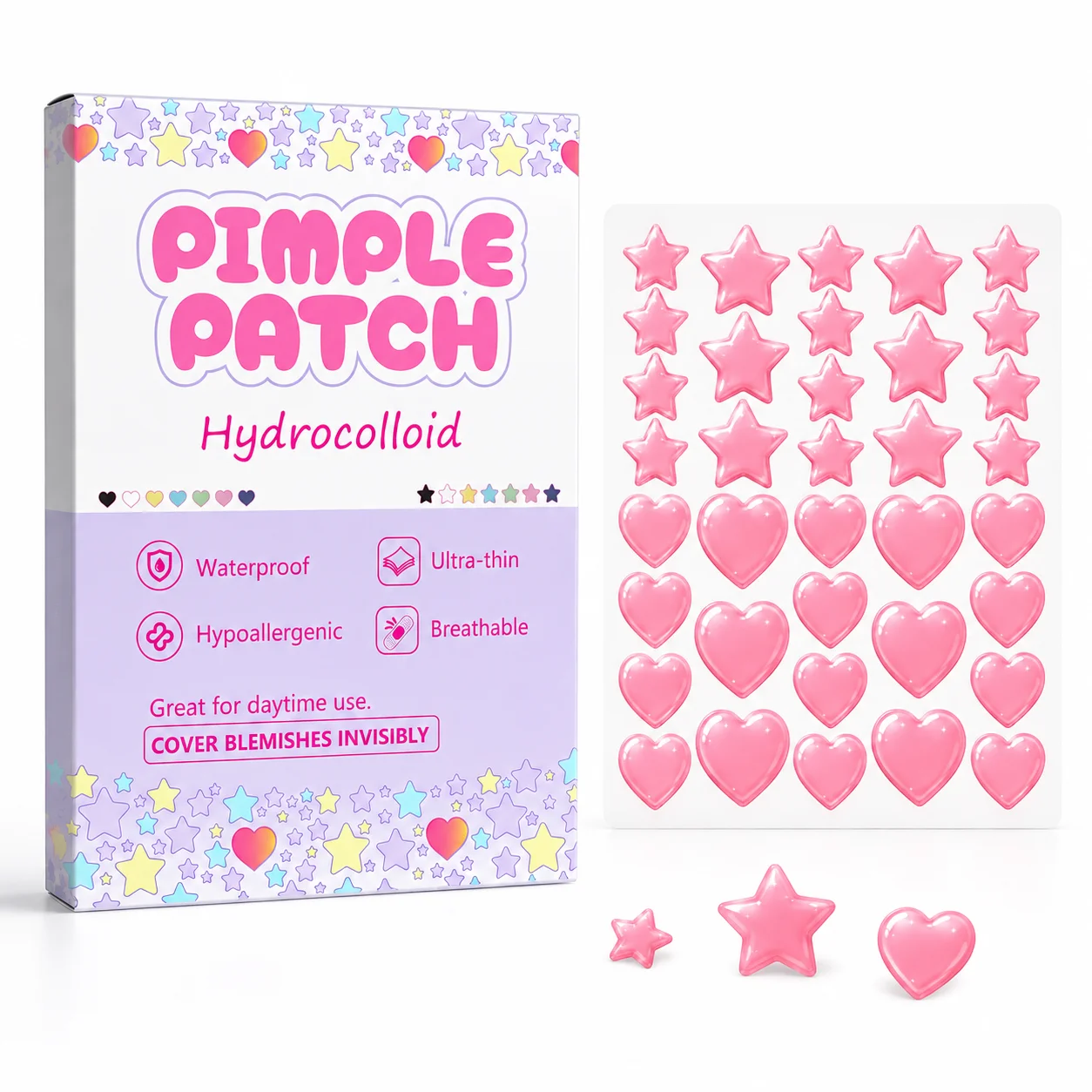 180/360/720PCS Hydrocolloid Pimple Patches, Pink Star & Heart Face Stickers, Ultra-Thin Waterproof Day & Night Use