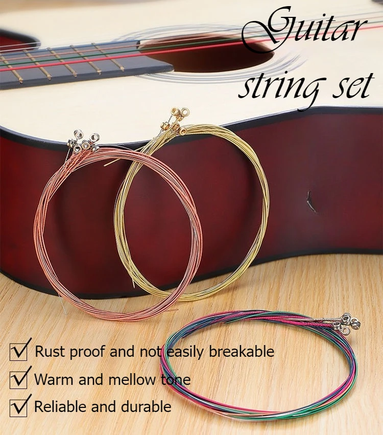 6-Pack Guitar Strings Set - Folk & Acoustic, Red Copper & Colored Strings, Individually Wrapped (1-6 Strings)