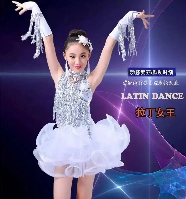 Vêtements de spectacle de danse latine pour enfants, jupe de danse latine pour filles, compétition de performance, paillettes, glands, robe latine