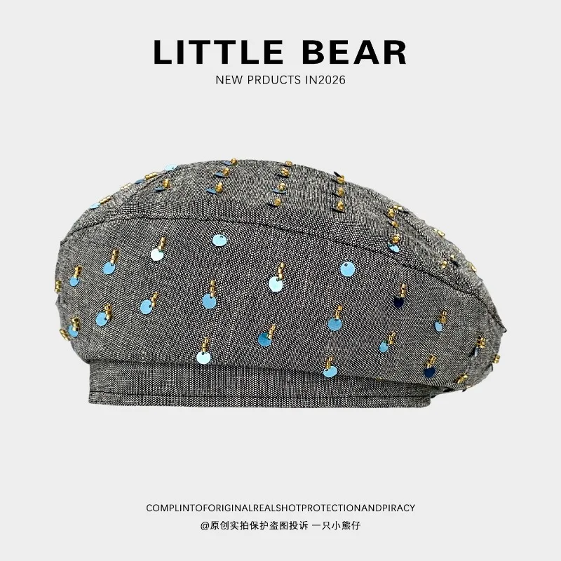 Niche Graue Pailletten-Design Achteckige Baskenmütze für Damen, Vielseitige Sommer- und Herbstmütze im Literarischen Stil, Newsboy-Malermütze für Damen – Detail 1