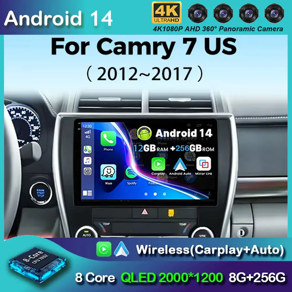 Автомагнитола на Android 14 для Toyota Camry 7 XV 50 55, версия для США 2012-2017, мультимедийный плеер Carplay, стерео 48EQ GPS DSP Din