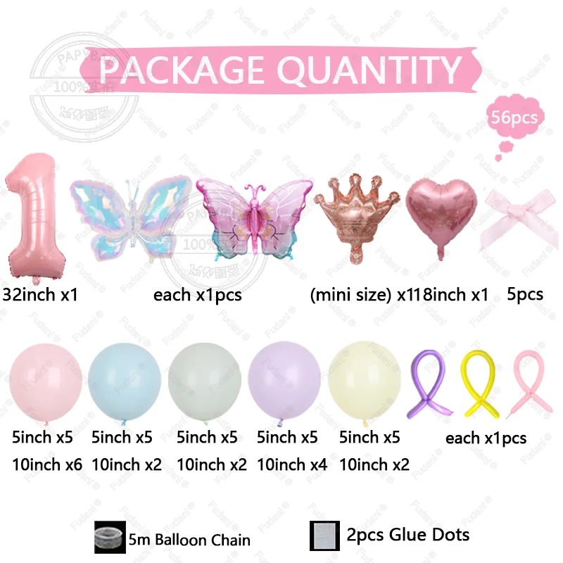 56pcs Colorful Butterfly Love Balloon Pink Number Birthday Balloon Set Festival Party Decoration Baptismal Supplies