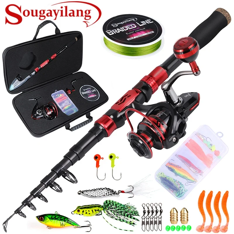 Sougayilang Combo Canne à Pêche Télescopique Fibre Carbone + Moulinet 13+1 Roulements - Kit Voyage Pêche Mer Eau Douce Avec Sac Et Accessoires Complets
