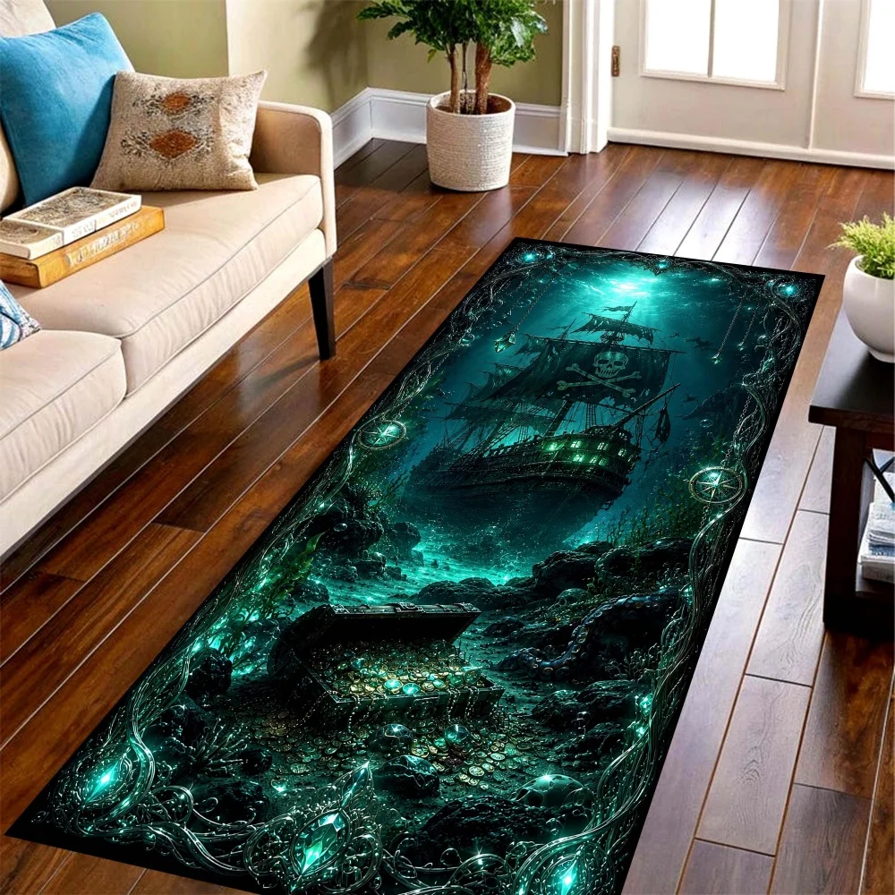 Underwater Pirate Ship Long Runner Rug,treasure scene print floor mat,kitchen,bedroom and balcony entry floor decor