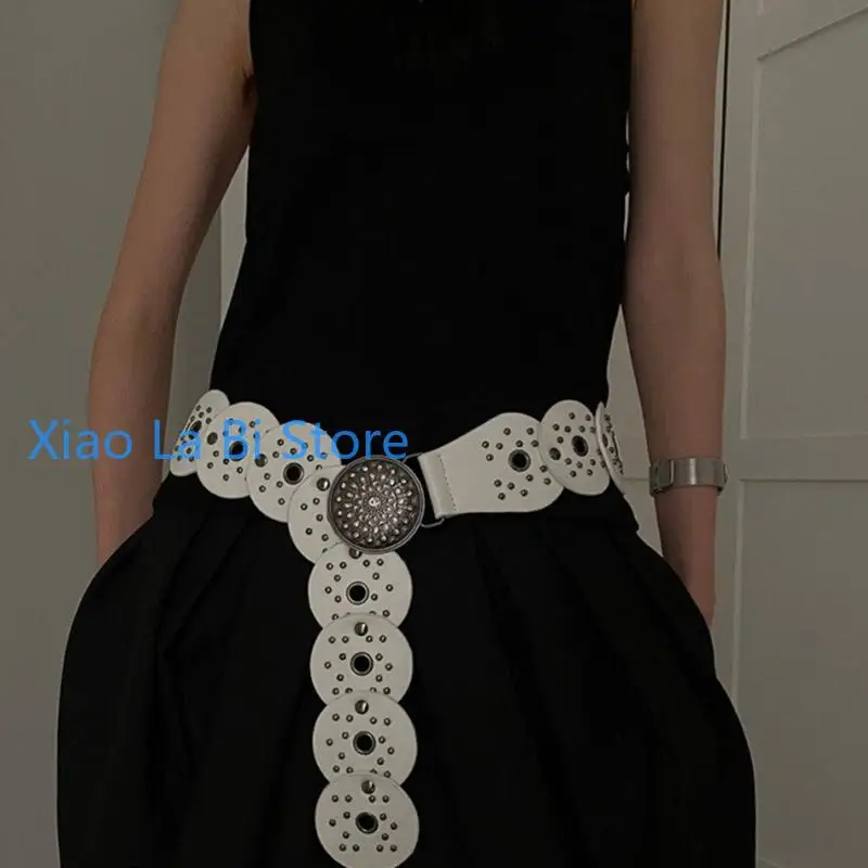 

XXFD Women Belt for Jeans Skirt Hollowed Round Disc Wide Waist Belt Subculture Pants Belt with Large Eyelet Clothing Decors