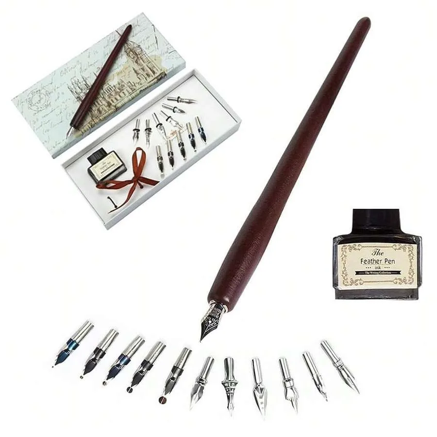 Pens Set -Wooden Dip Pen Handcrafted Calligraphy Set With 11 Nibs and Black Ink