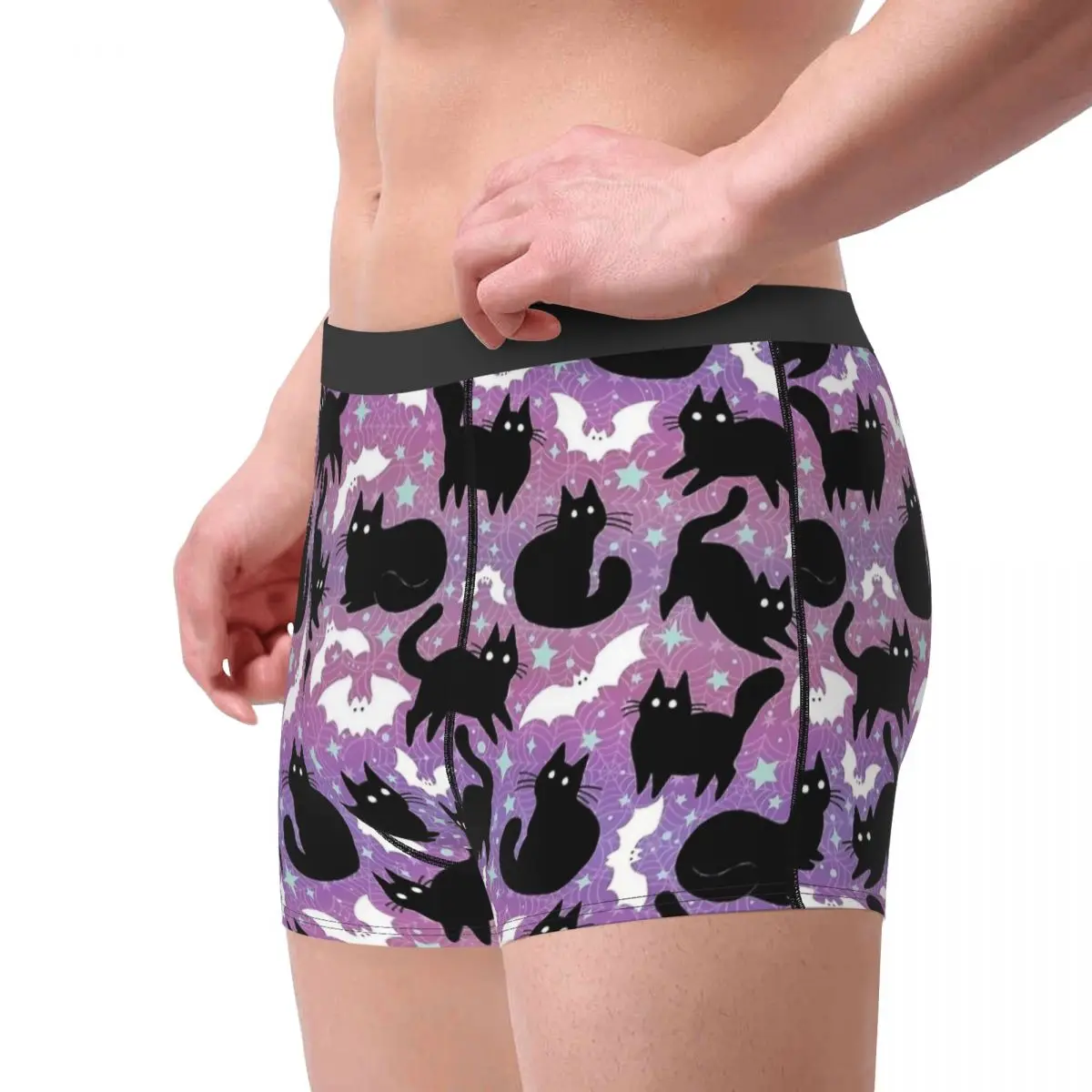 Shorts boxer de Halloween masculino com gatos pretos, roupa íntima longa, cueca macia, calcinha fofa, humor