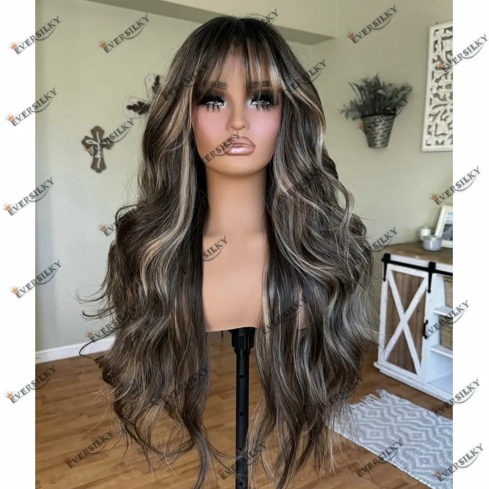 Wig penuh rambut manusia Lace Frontal 360 pirang terang untuk wanita gelombang longgar dengan poni 13x6 Wig renda rambut Eropa