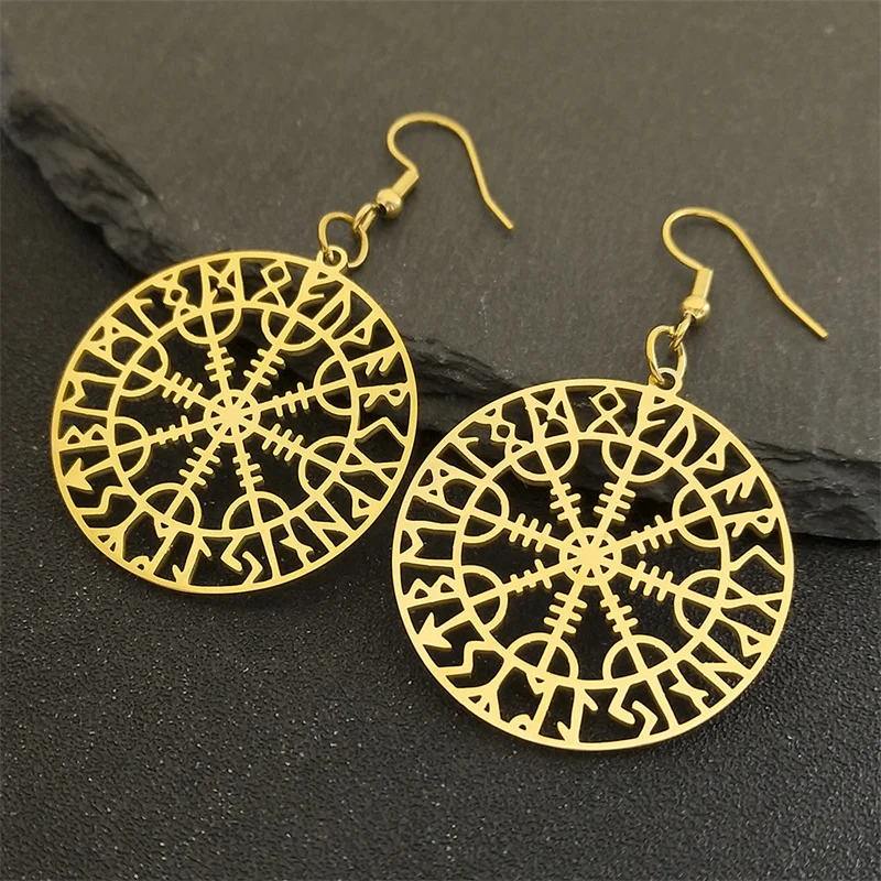 Norse Runes Viking Compass Earrings for Women Stainless Steel Gold Color Vegvisir Talisman Ear Hook Scandinavian Jewelry E7023S0