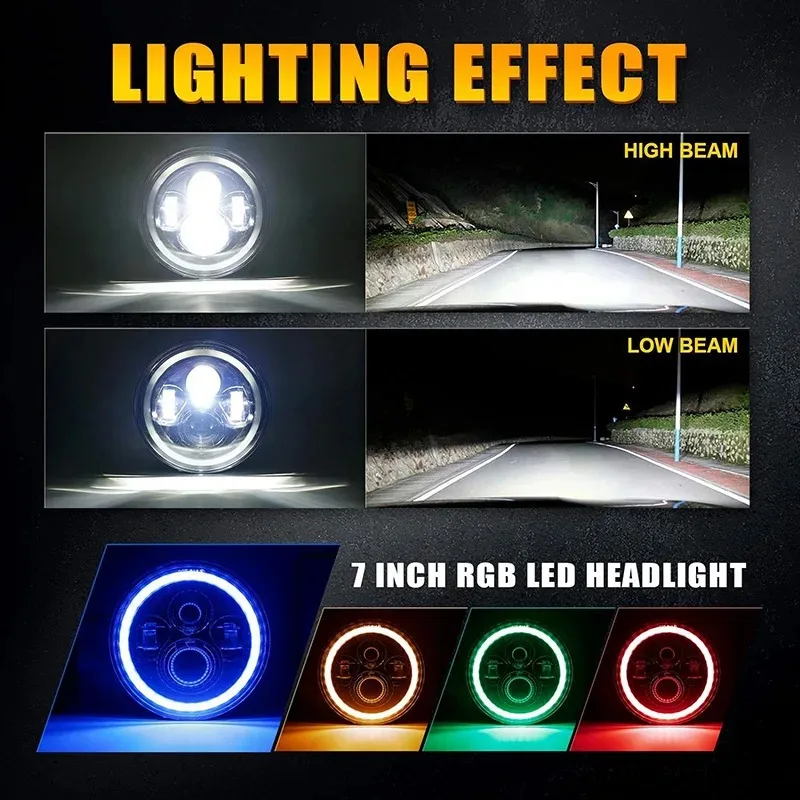 LED Headlight 7 Inch Round JEEP Wrangler RGB  Halo Angel Eyes Off Road H13 H4 LED Lamp 6000K Motorcycle Universal