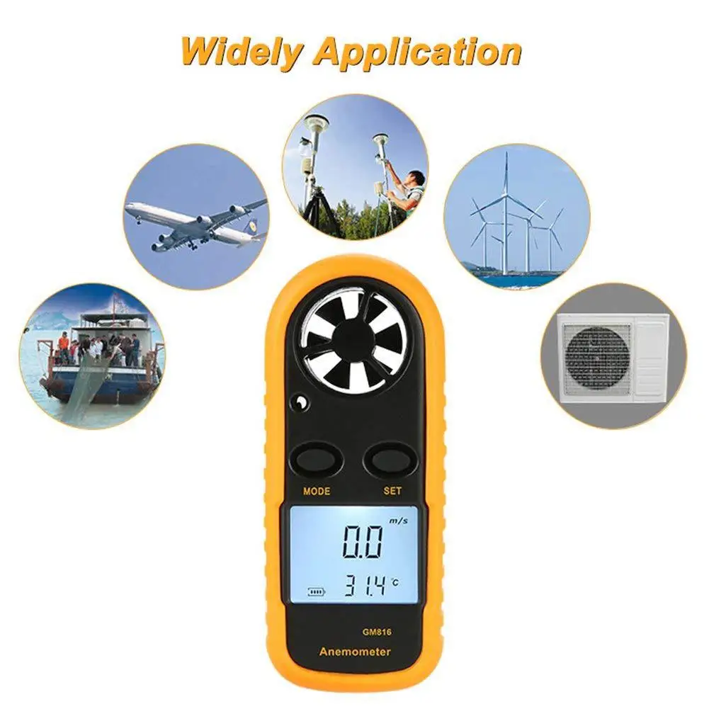 

Digital Anemometer GM816 0-30m/s Wind Speed Mini Air Velocity Airflow Temperature with LCD Backlight Wind Speed Meter