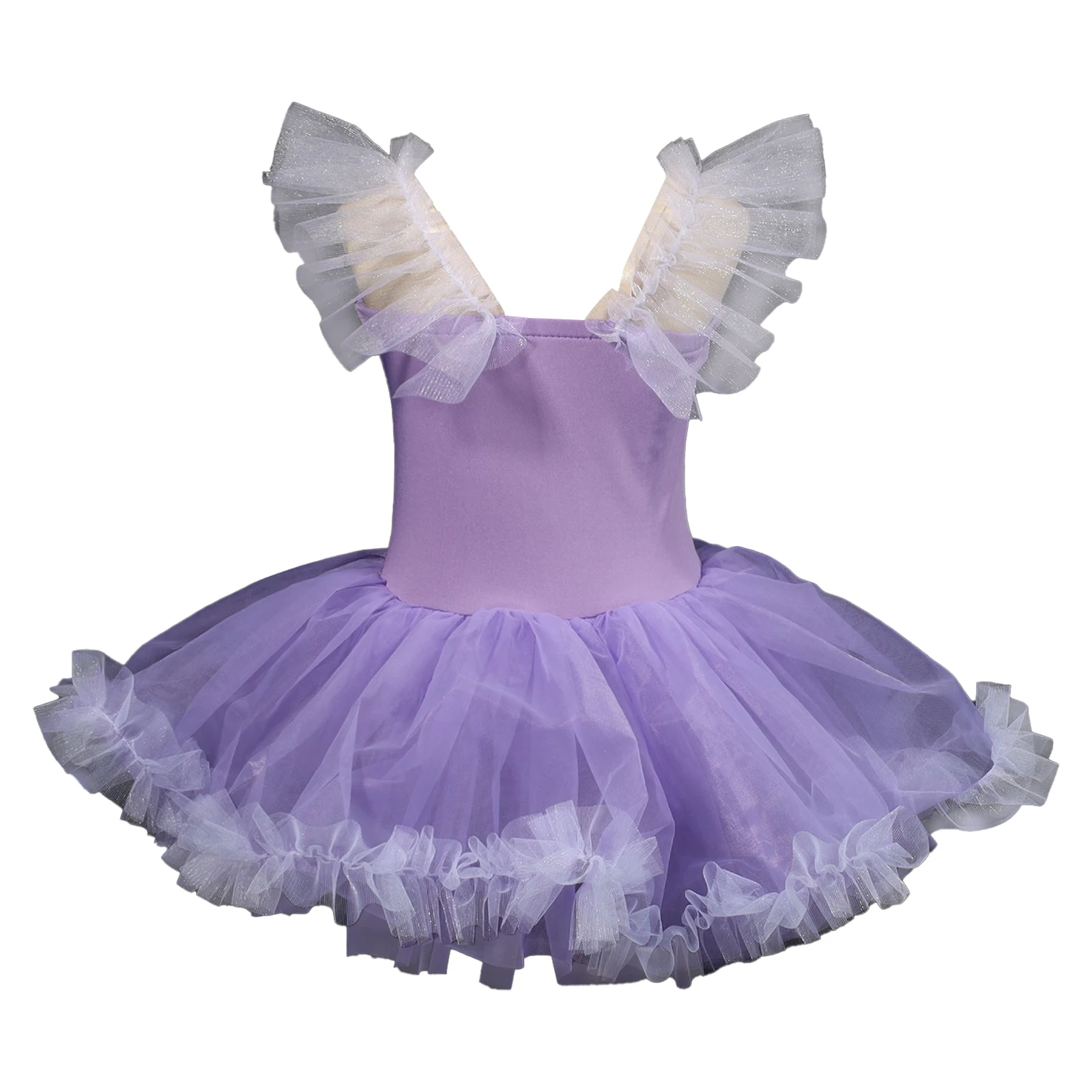 Girls Ballet Dance Leotard Dress Dancewear Sequin Sparkly Butterfly Tulle Tutu Dress with Bow Cuffs Kids Performance Outfit