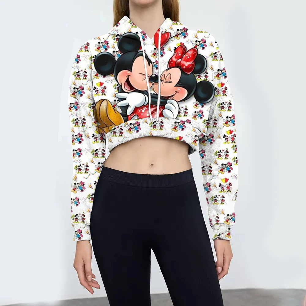 

Spring and Autumn American Disney Mickey Mouse print Contrasted Shoulder Long Sleeve POLO Collar Hoodie Women's Short Top Trendy