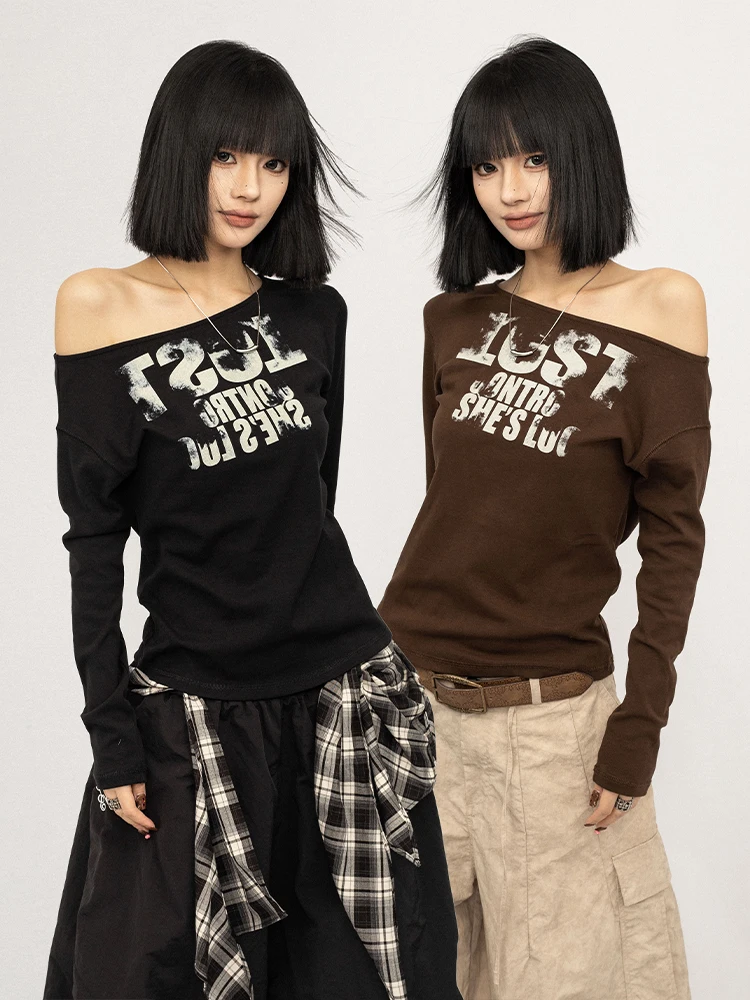 

OCTTFLAB American Retro Hot Girl Letter Print Long Sve T-irt Women's oulder Bared Slim Fit Autumn Winter Faion for T...