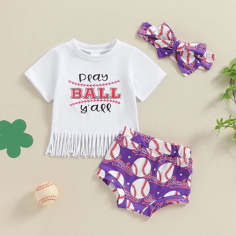 

2024-04-05 Lioraitiin Baby Girls Shorts Set, Short Sleeve Letters Print T-shirt with Baseball Print Shorts and Hairband Outfit