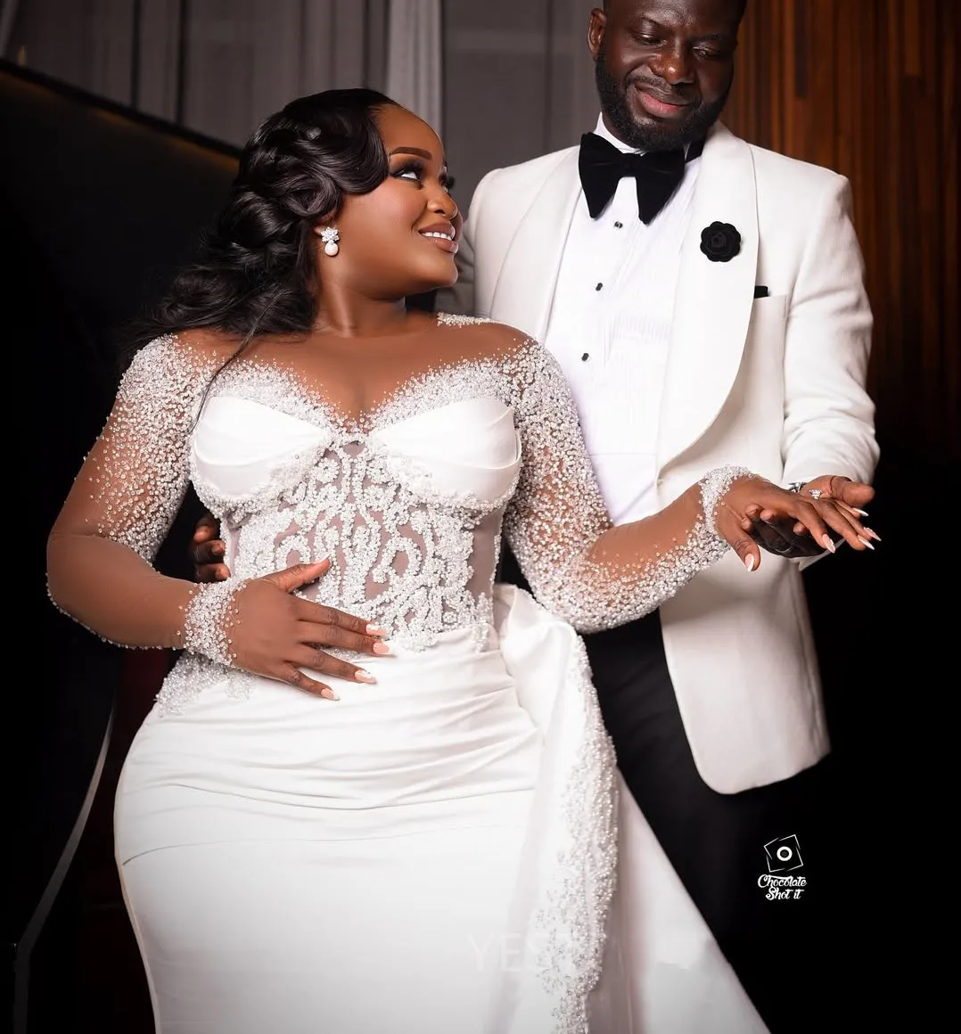 2023 Luxus Meerjungfrau Hochzeit Kleid Sheer Neck Perlen Illusion Lange Ärmel Prinzessin Braut Braut Kleider Afrikanische Vestido De Noiva