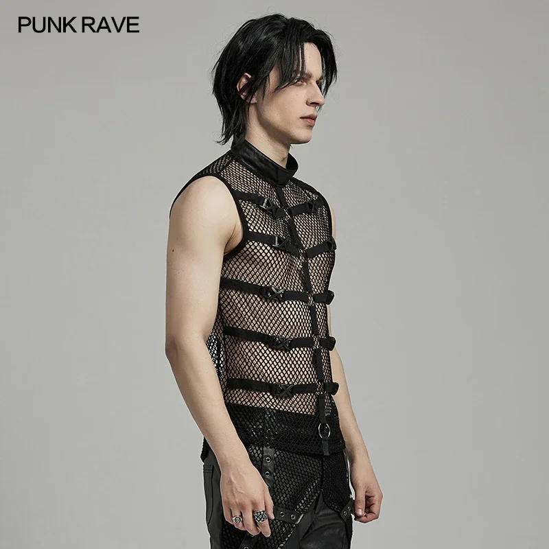 PUNK RAVE Men\'s Punk Personalized Mesh Tank Top Innovative Style Cool Handsome Tops Sexy Vest Men Clothing Summer