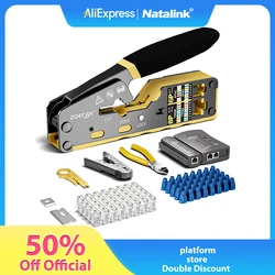 WoeoW 8-in-1-RJ45-Crimpwerkzeug-Set, Crimpwerkzeug, Kabeltester, Drahtschneider, Klingen, 50 Stück Cat 6 Anschlüsse und Zugentlastungsstiefel